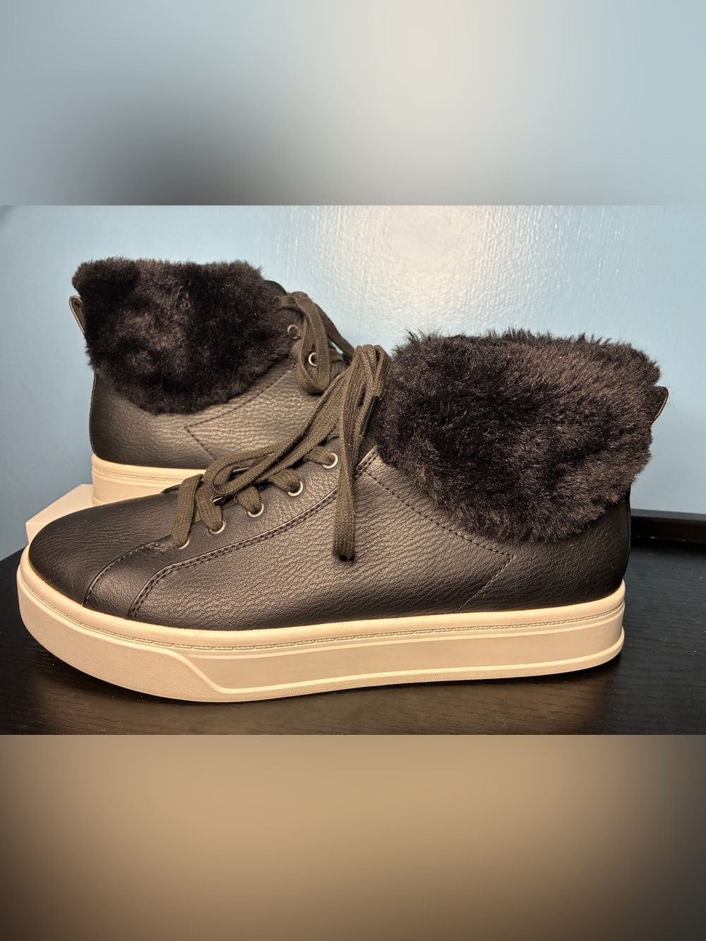 UGG Koolaburra Black Leather Lace-Up Sneakers with Faux-Fur Collar